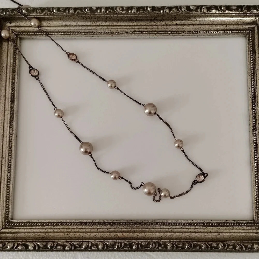 Antique brass Rhinestone Accents and Champagne Beads Necklace